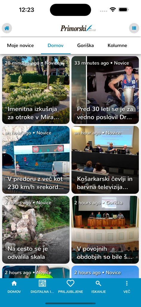 Primorski - Schermata principale dell'app di notizie Primorski con una griglia di articoli di notizie locali slovene.