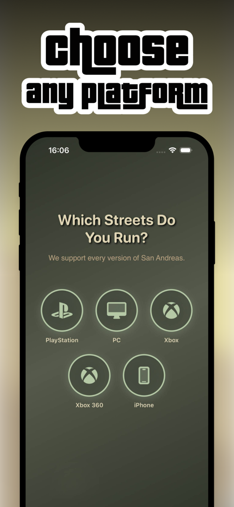 Schermata di selezione della piattaforma dell'app Trucchi GTA San Andreas che mostra icone per PlayStation PC Xbox e iPhone