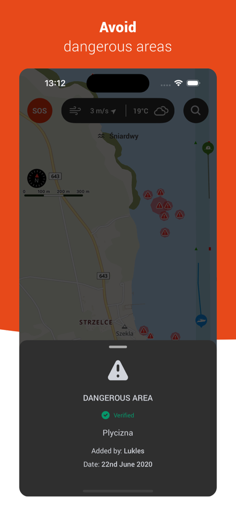 Interfaz de mapa de la aplicación móvil mostrando alertas de peligro verificadas e iconos de advertencia rojos para áreas acuáticas peligrosas.