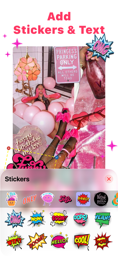 Photo Collage Maker: Collagify - Interfaz de usuario de la aplicación Collagify que muestra un collage de fotos rosa con opciones para agregar pegatinas coloridas al estilo cómic y texto personalizado.