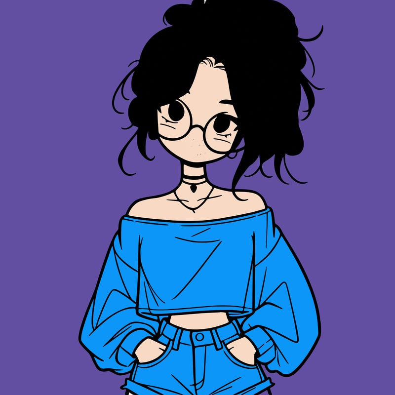 girl with a messy ponytail glasses a baggy crop top and jean shorts