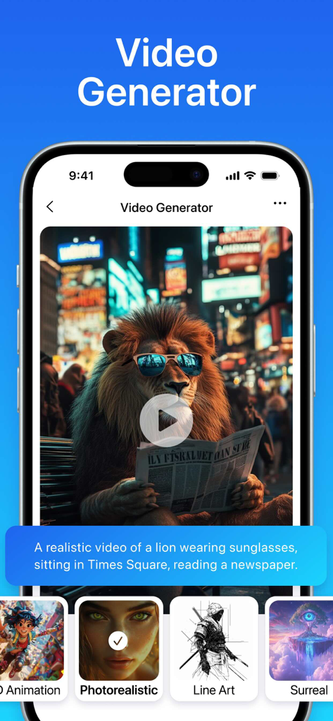 Mary AI Video Image Generator - Mary AI Video Generator interface creating a photorealistic video of a lion reading a newspaper in Times Square.
