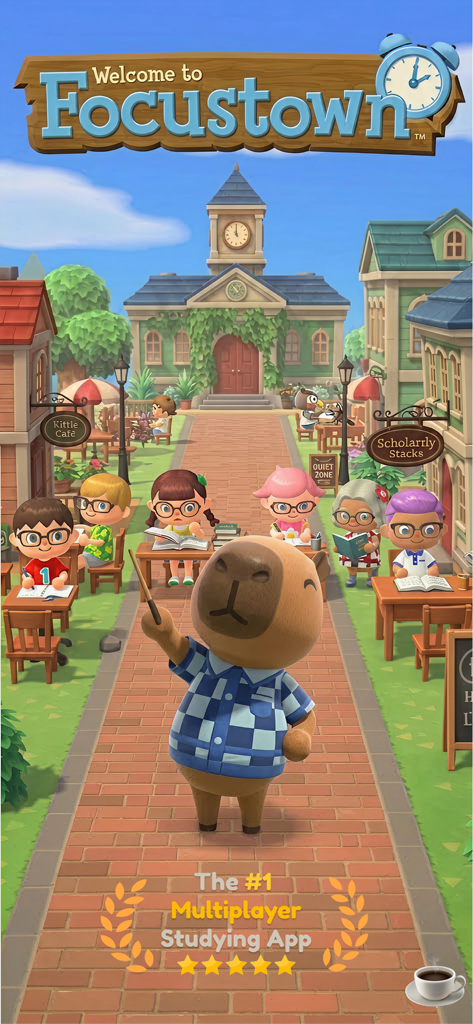 Focus Town: Study With Friends - Aplicativo de estudo multijogador Focus Town apresentando uma cidade virtual aconchegante com avatares estudando juntos