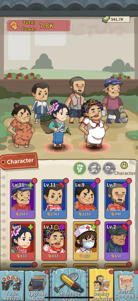 Tela de implantação de personagens em Home Defender mostrando aldeões peculiares e suas estatísticas