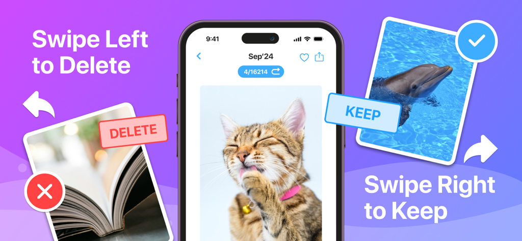 iSwipe app showing swipe left to delete and swipe right to keep photo cleaning interface