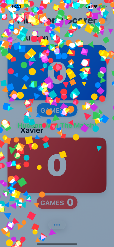 Ping Pong Scorer app celebration screen showing a match win for Hudson with colorful digital confetti