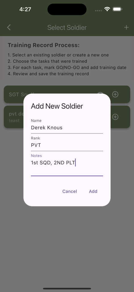 Interface to add a new soldier to the EIB training management suite