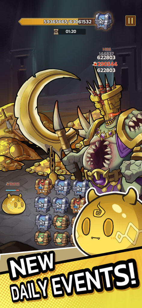 Slime Castle: Idle TD RTS Game - A golden slime hero faces a massive undead boss in a treasure room with a New Daily Events announcement.