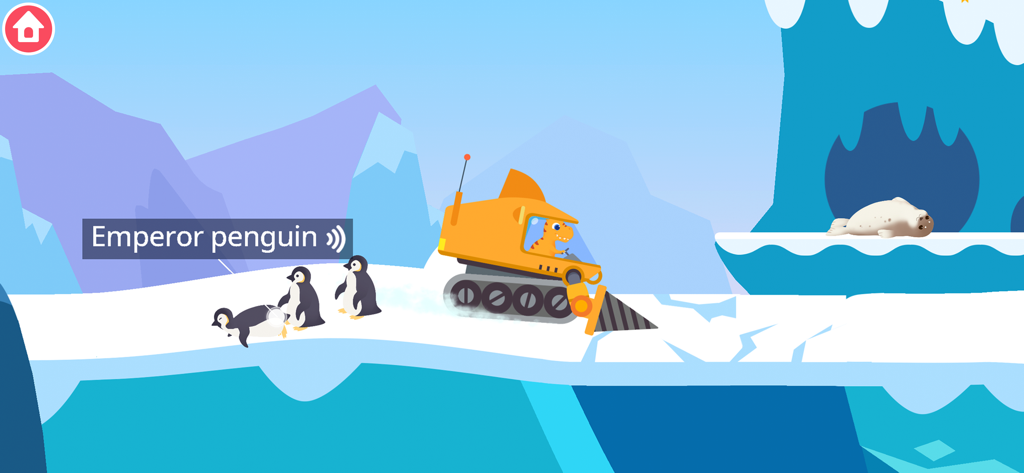 Dinosaur Ocean Explorer Games - A cartoon dinosaur driving a yellow ice-drill vehicle in a polar landscape with emperor penguins and a seal.