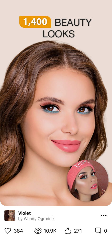 Interface do aplicativo Perfect365 exibindo um look de beleza virtual por Wendy Ogrodnik