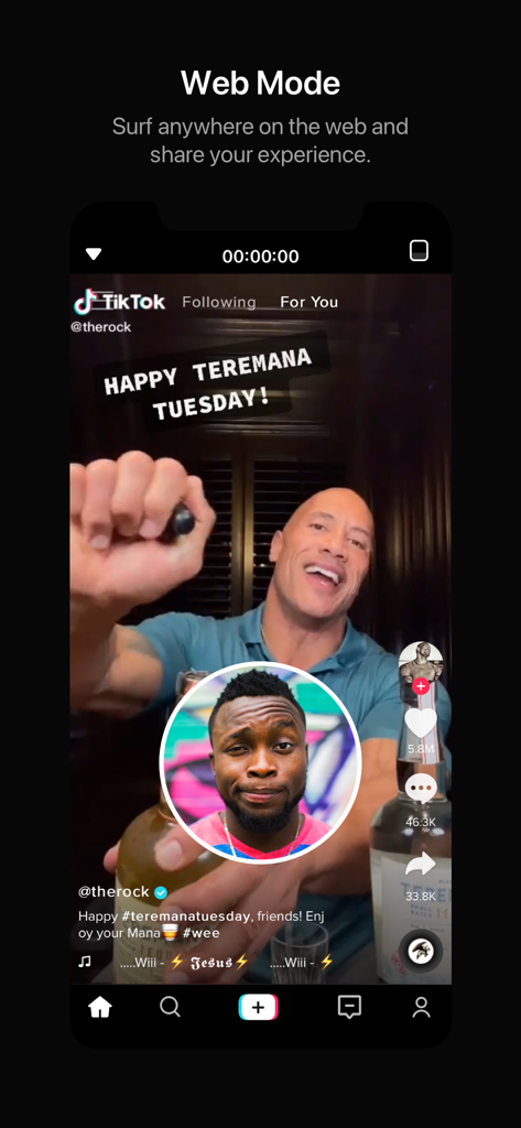 Pantalla de smartphone que muestra la aplicación Revo en Modo Web para grabar vídeos de reacción en TikTok
