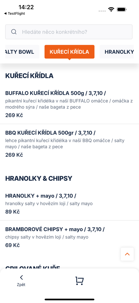 Salty - Salty app menu screen showing chicken wings and fries options