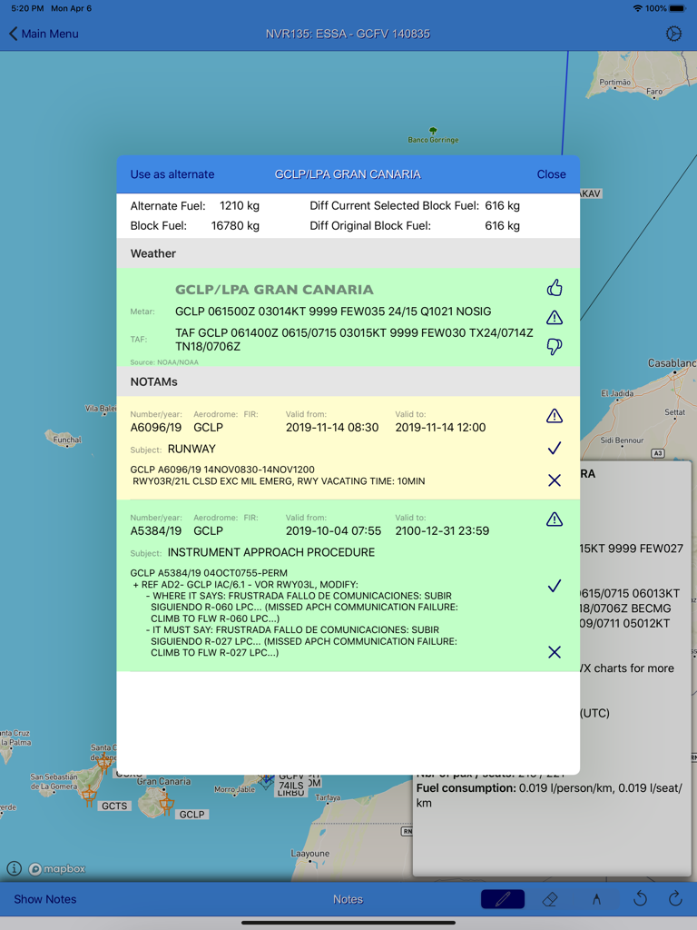 Flight Briefing - Captura de tela do iPad do aplicativo Briefing de Voo mostrando detalhes do aeroporto alternativo, incluindo combustível, METAR meteorológico e informações NOTAM para Gran Canaria.