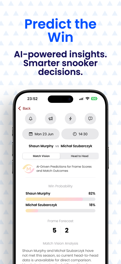 Snooker Live - Snooker Live mobile app showing AI powered win probability and frame forecast for professional matches