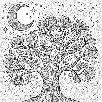 Explore the serene beauty of a dot work tree under a mystical night sky, featuring a glowing crescent moon and twinkling stars. This intricate design offers a calming and rewarding artistic journey for all ages.