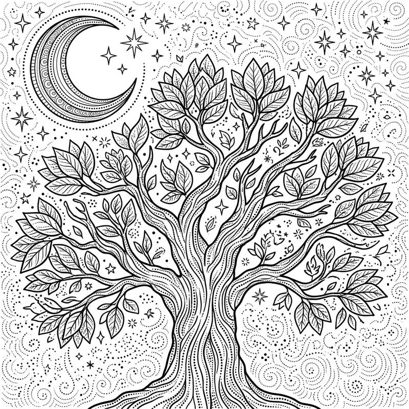 Explore the serene beauty of a dot work tree under a mystical night sky, featuring a glowing crescent moon and twinkling stars. This intricate design offers a calming and rewarding artistic journey for all ages.