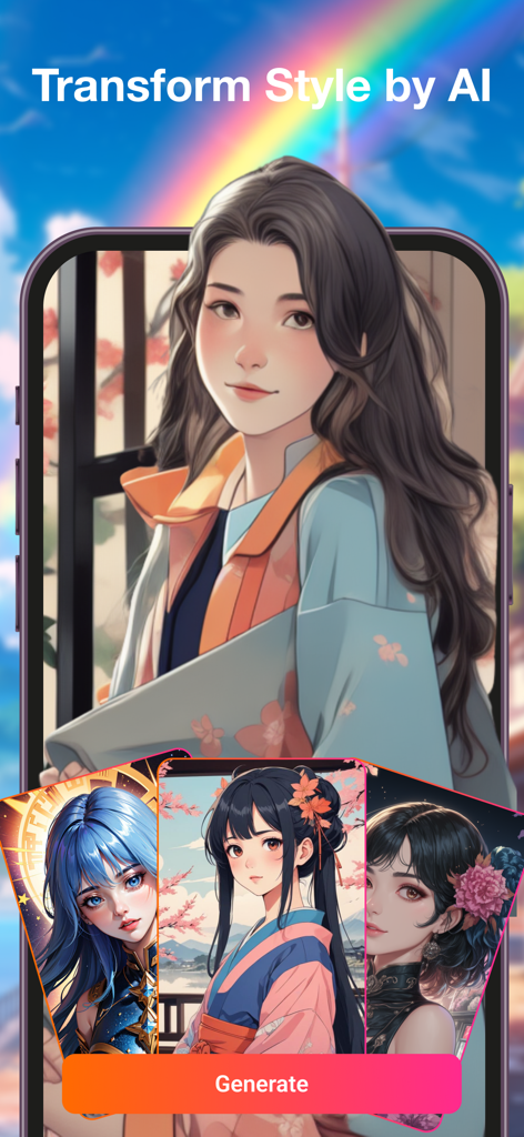 AI Brushmind: Photo Magic - A mobile app interface showcasing the AI portrait generator transforming a photo into various anime artistic styles.