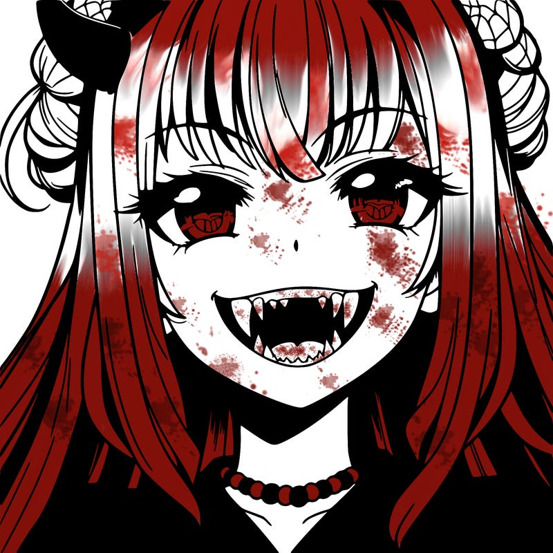 anime girl, vampire teeth,demon slayer themed, evil smile