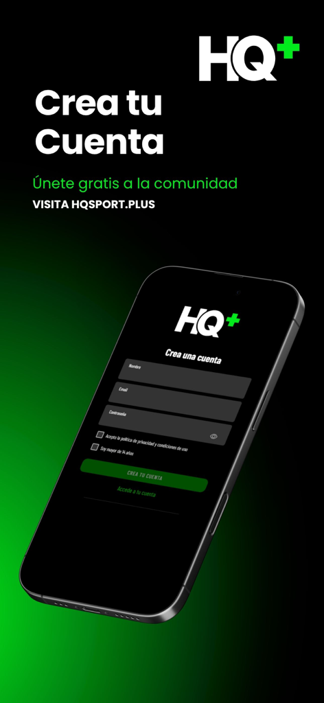 HQ Sport + - Écran d'inscription de l'application HQ Sport plus affichant un formulaire d'inscription en espagnol sur un smartphone.
