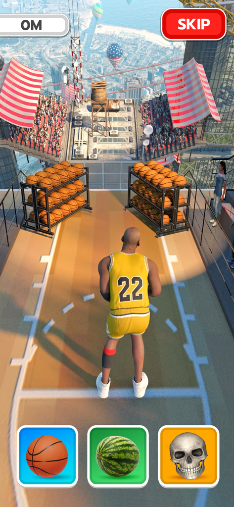 Scoring Champion - 농구 선수가 옥상 코트에서 농구공, 수박 또는 해골을 던질 수 있는 옵션을 들고 있습니다.