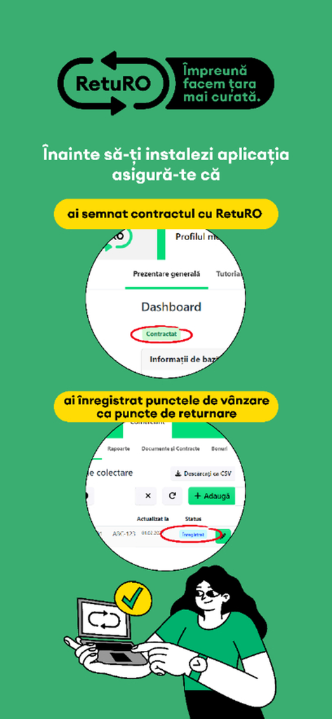RetuRO for Business - Schermata di onboarding dell'app RetuRO for Business che mostra i requisiti pre-installazione per i commercianti rumeni.