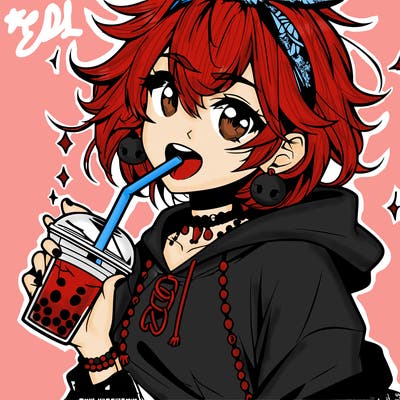 hot baddie anime girl drinking boba and biting the straw