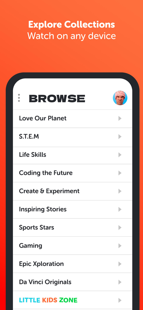 Le menu de navigation de l'application Da Vinci montrant des catégories éducatives comme les compétences de vie STEM et Coder le futur.