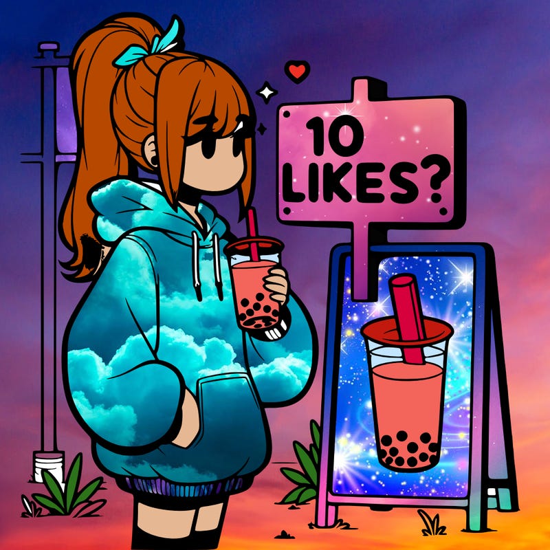 girl with oversized hoodie drinking boba and she has a high ponytail with a sign that says 10likes?