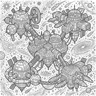 Dive into the future with our Interstellar Archipelagos coloring page, featuring breathtaking space habitats interconnected across the cosmos. Unleash your creativity on a detailed journey through distant stars and nebulae.
