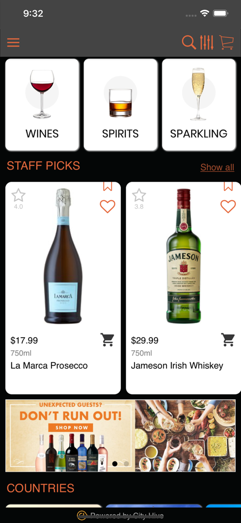 BWS BEVERAGE - BWS Beverage app home screen showing wine and spirits categories with staff picks