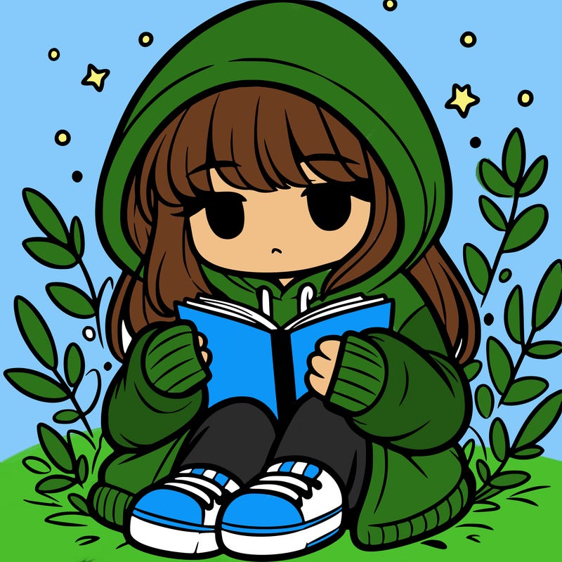 girl in oversized hoodie reading a book