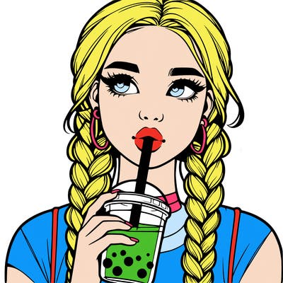 realistic girl with braided hair drinking boba