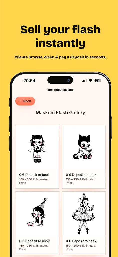 Outline - Tattoo Booking App - Mobile app screen showing a gallery of tattoo flash designs available for instant booking