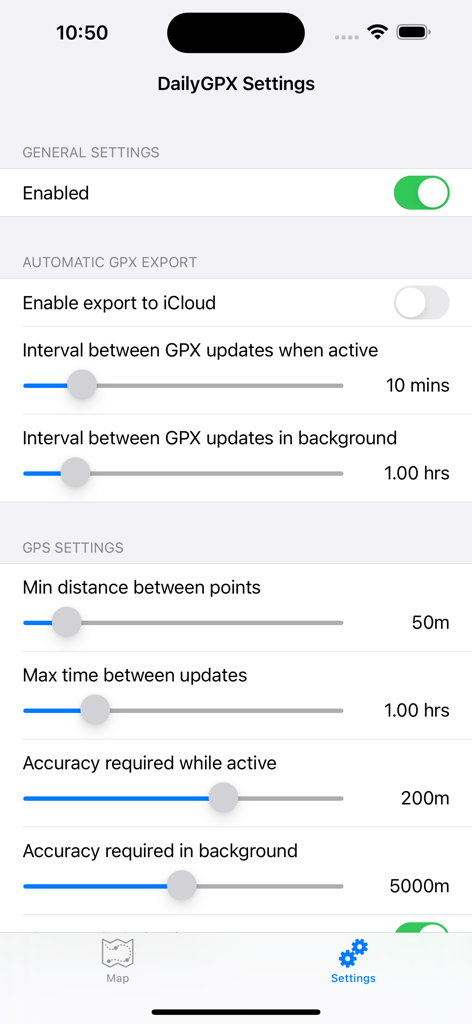 DailyGPX - Interface de configurações do aplicativo DailyGPX mostrando intervalos de rastreamento GPS e opções de precisão para otimização de bateria