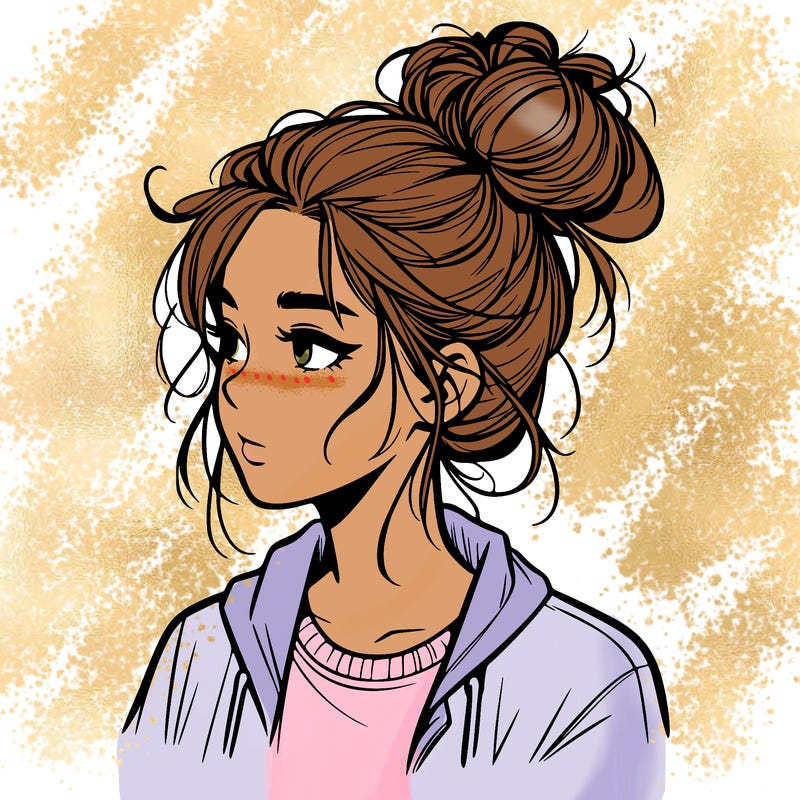 realistic teenage girl with a messy bun