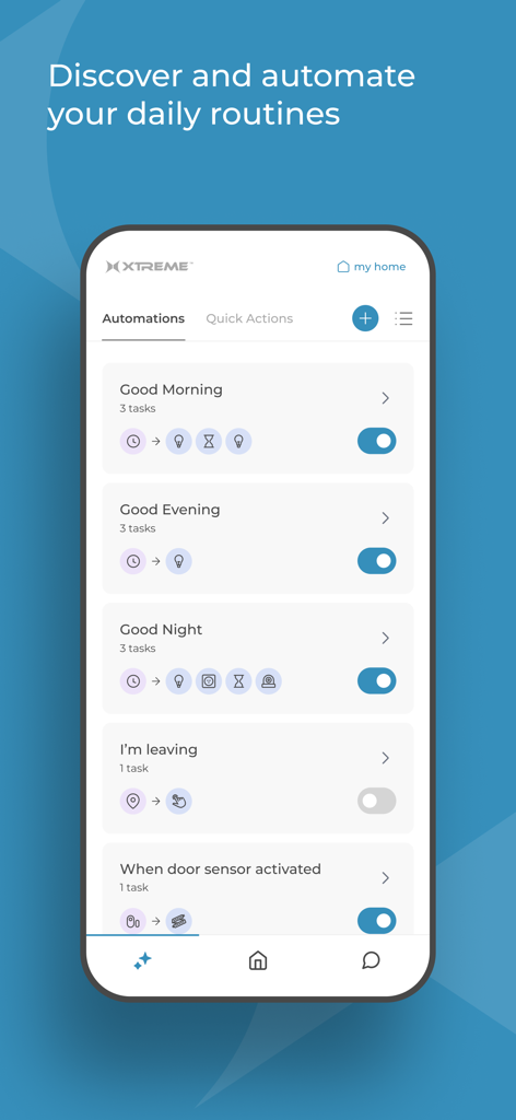 Xtreme Connected Simple Home - Xtreme Connected Simple Home app screen showing automated daily routines for smart devices.