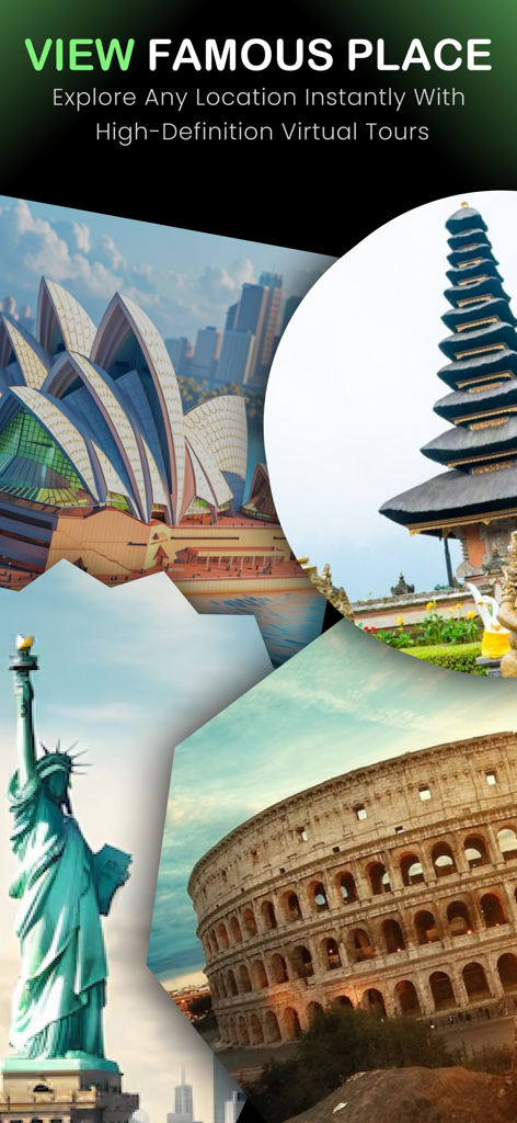 Live Earth Map - Online Camera - Collage of global landmarks including the Statue of Liberty and Roman Colosseum for virtual HD tours