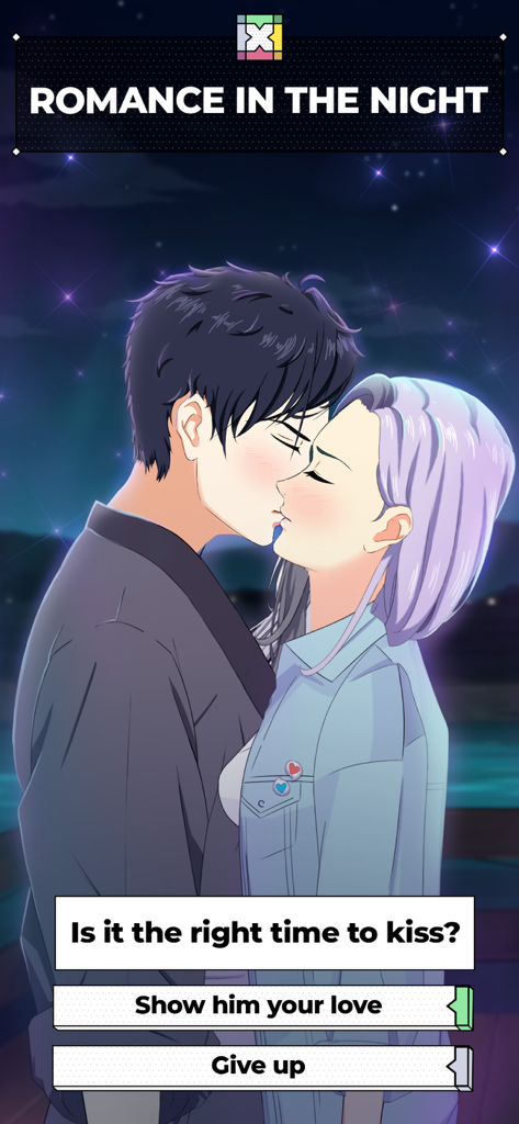 ChatLinx Otome Text Story Game - Anime couple kissing in a romantic night scene from ChatLinx Otome game with a choice prompt.