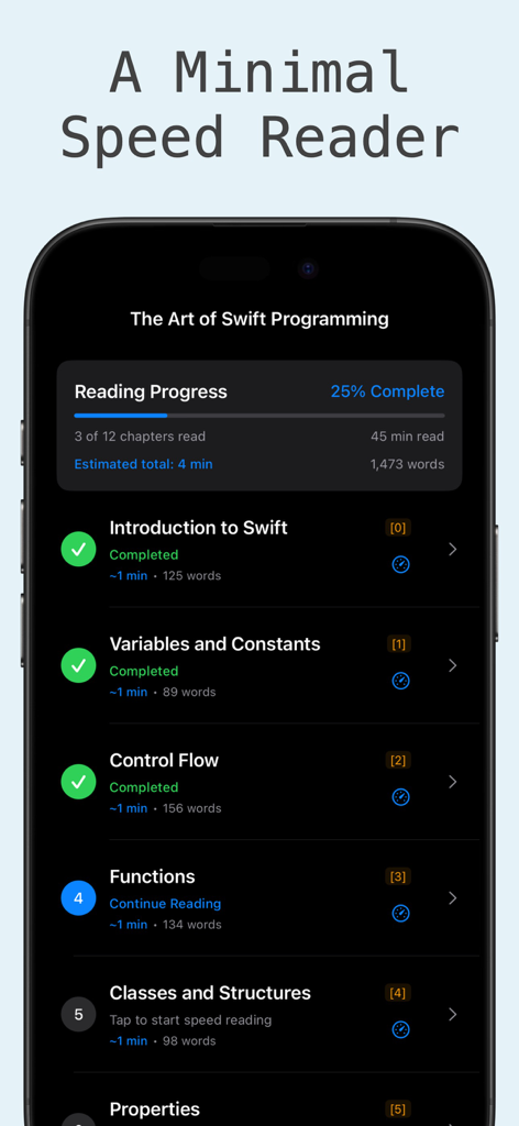 Glance - Epub Speed Reader - Interface of Glance speed reader app showing book reading progress and chapter list