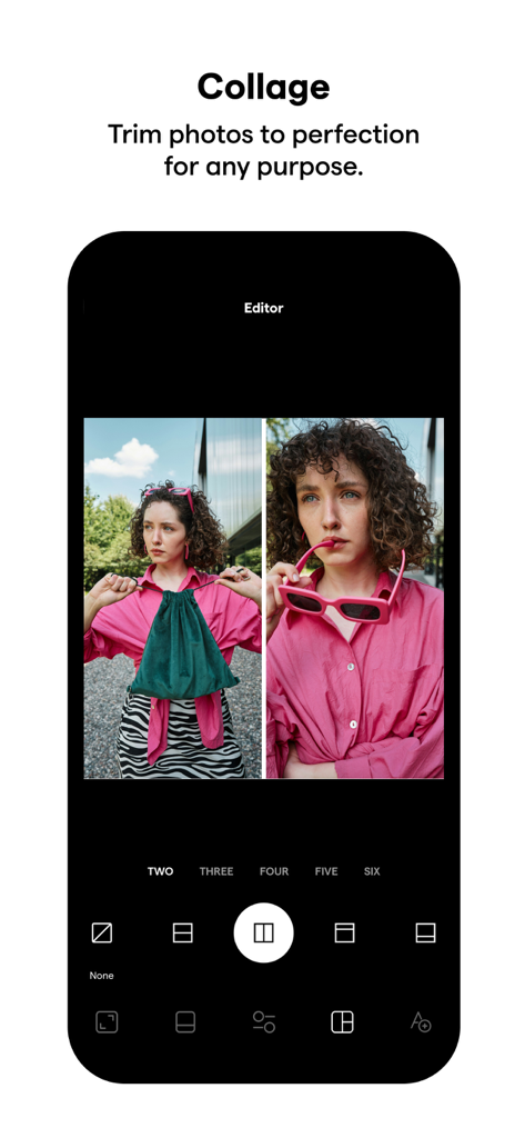 Una captura de pantalla de la interfaz de la aplicación móvil Instasize que muestra un diseño de collage de dos fotos lado a lado con herramientas de edición en la parte inferior.