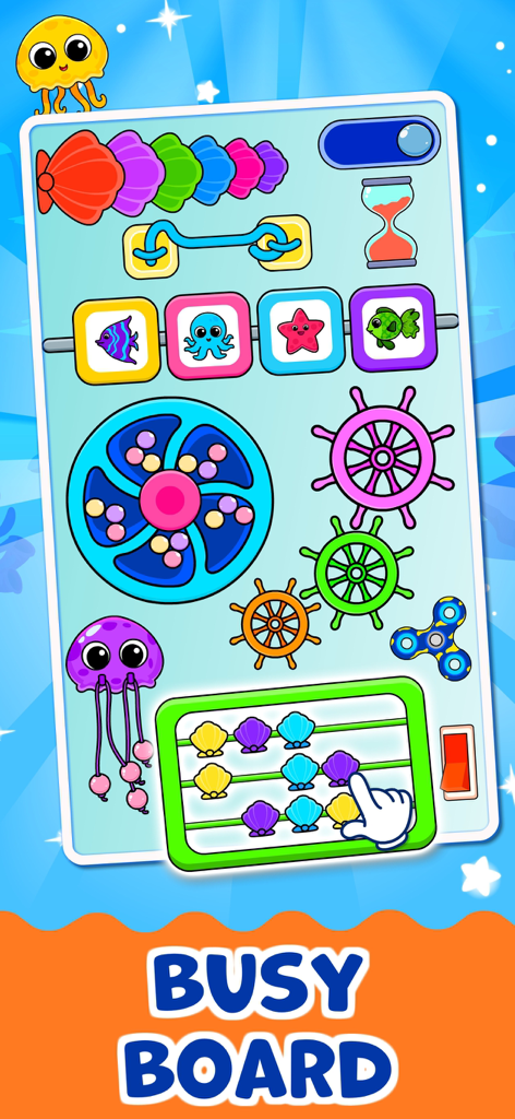 Digitales Busy Board für Kleinkinder mit interaktiven Elementen zum Thema Ozean wie Muscheln und Zahnrädern