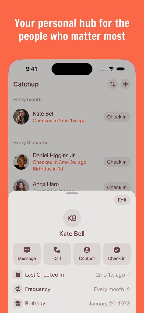 Catchup: Friendship Tracker - Catchup app interface showing a list of friends with check-in goals and a contact management card.