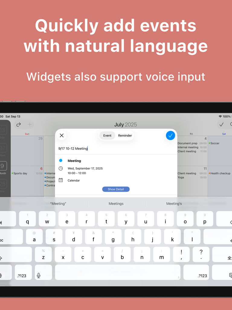 FirstSeed Calendar for iPad - Natural language event entry in FirstSeed Calendar for iPad