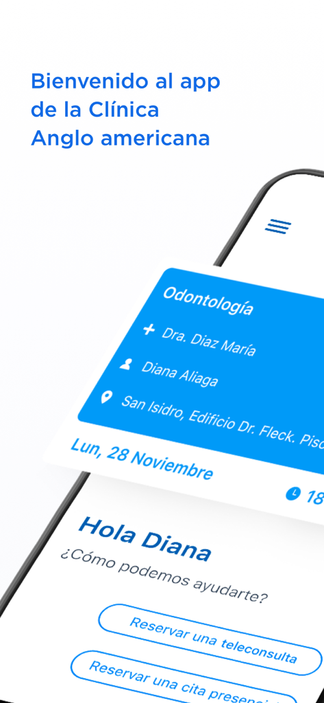 Clínica Anglo Americana - Interface of the Clinica Anglo Americana app with appointment booking options and a scheduled dental consultation