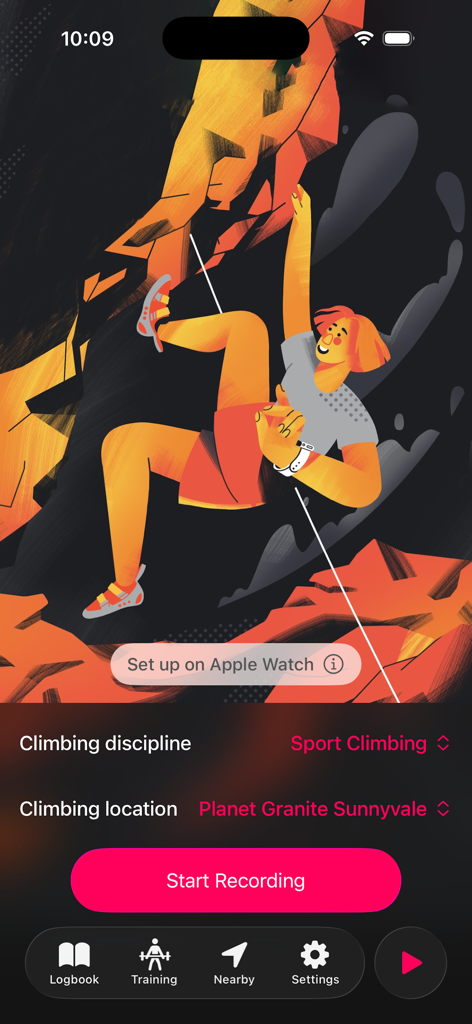 Interface of the Redpoint app showing the start recording screen with a climber illustration and location settings for a climbing gym.