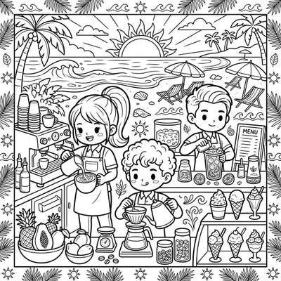 Transport yourself to a vibrant summer vacation with this delightful coloring page featuring skilled baristas. Enjoy bringing to life a bustling beachside cafe filled with delicious drinks and sunny details.