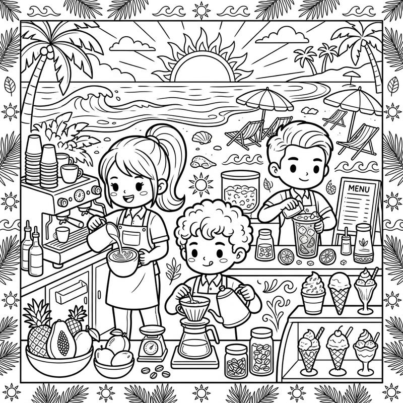 Transport yourself to a vibrant summer vacation with this delightful coloring page featuring skilled baristas. Enjoy bringing to life a bustling beachside cafe filled with delicious drinks and sunny details.