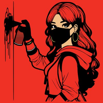 realistic girl with mask spray painting a wall