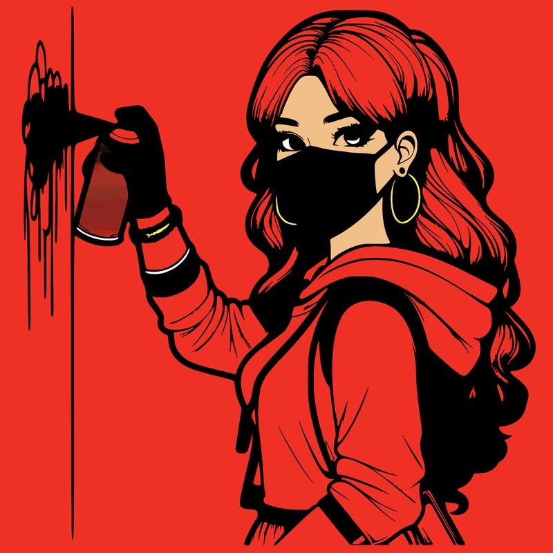 realistic girl with mask spray painting a wall