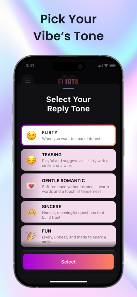 Flirta: AI Dating Assistant - Interface of the Flirta app showing options to select a reply tone such as Flirty, Teasing, or Gentle Romantic for AI-generated messages.